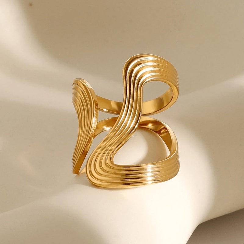 AiTURE Chunky Rings For Women, Gold Silver Thumb Ring Asymmetrical Wavy Curve Ring Adjustable Non Tarnish Dainty Stainless Steel New Year Anniversary Birthday Jewelry Gift - Image 3